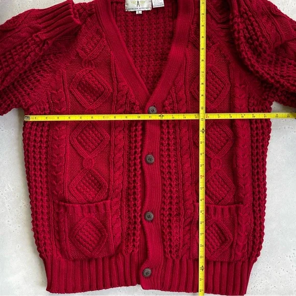 Vintage American Weekend Classic Red Cable Knit Button Front Grandpa Cardigan - Picture 5 of 5